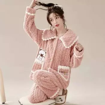Женский утепленный свободный пижамный комплект из фланели, домашняя одежда, милый осенне-зимний домашний костюм, теплая коралловая бархатная пижама M