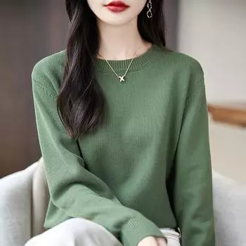 Женский утолщенный хлопковый трикотажный свитер: Осень/зима, круглый вырез, длинный рукав, семь игл в два ряда, свободный пуловер. L