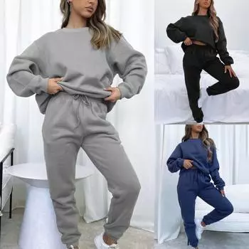 Женский утолщенный спортивный костюм, осенне-зимние теплые толстовки, топы, костюмы, повседневные толстовки, штаны для бега, спортивные штаны, комплекты из 2 предметов S темно-синий