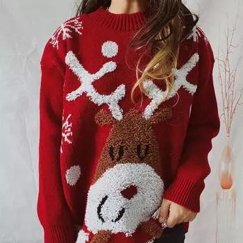 Женский утолщенный свитер, новый рождественский свободный свитер с круглым вырезом и принтом лося S красный