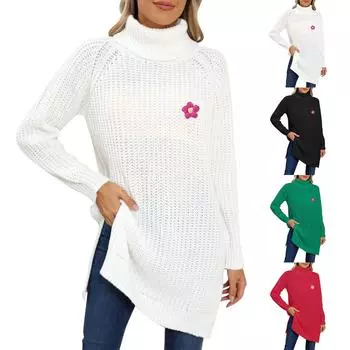 Женский утолщенный свитер, связанный вручную крючком, водолазка, разрез, платье-свитер XL зелёный