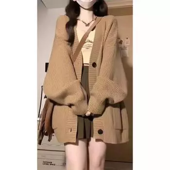 Женский утолщенный вязаный кардиган с V-образным вырезом - свободный, мягкий, с длинным рукавом, повседневный свитер средней длины One size зелёный