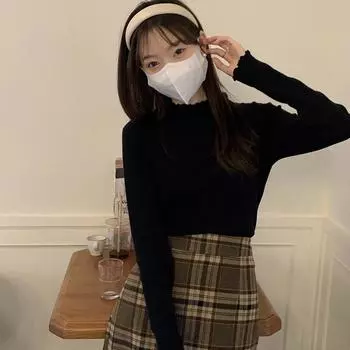 Женский утягивающий свитер с длинными рукавами 2024 года в корейском стиле, повседневный топ на весну и осень One Size [40-60 kg] синий