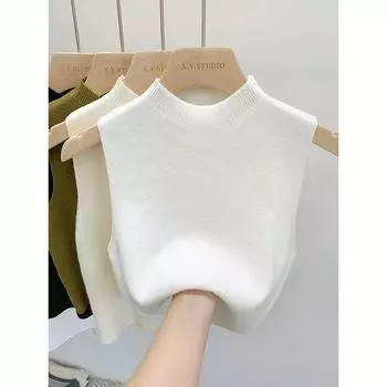 Женский утягивающий трикотажный топ-майка с полуводолазкой без рукавов, цветной блок, французский винтажный стиль, летний, универсальный, многослойный, эластичный, полиэстер, один размер 40-60KG белый
