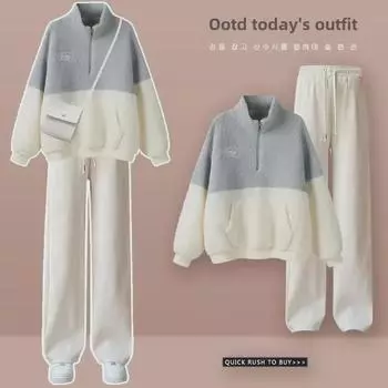 Женский уютный костюм-двойка из овечьей шерсти: Верхняя одежда из плюша с широкими брюками на осень и зиму M