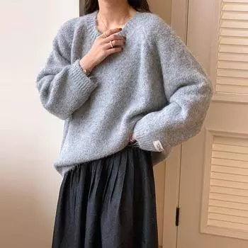 Женский уютный мягкий свитер с длинным рукавом на осень-зиму с круглым вырезом, ленивый стиль, свободный пуловер, однотонный универсальный трикотаж One Size мятный зеленый