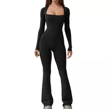 Женский узкий комбинезон с длинными рукавами, поясом, ягодицами, квадратным вырезом, широкими штанинами, высокий эластичный комбинезон S чёрный