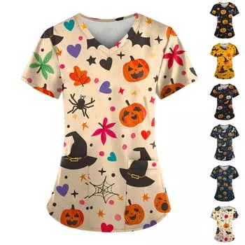 Женский V-образный вырез, модный повседневный топ с принтом на Хэллоуин, топ Dry-nurse XXXXXL тёмно-синий