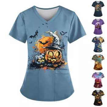 Женский V-образный вырез, модный повседневный топ с принтом на Хэллоуин, топ Dry-nurse XXL