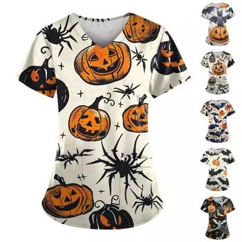 Женский V-образный вырез, модный повседневный топ с принтом на Хэллоуин, топ Dry-nurse XXL белый