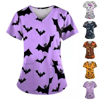 Женский V-образный вырез, модный повседневный топ с принтом на Хэллоуин, топ Dry-nurse XXXXL фиолетовый