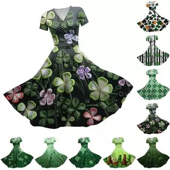 Женский V-образный вырез St. Платье с короткими рукавами и присборенной талией в стиле «День Святого Патрика» L