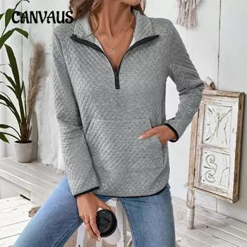 Женский вафельный свитер с V-образным вырезом на молнии с застежкой-молнией и половинной планкой, повседневный однотонный топ-топ S светло-серый