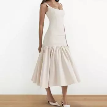 Женский вечер с рюшами на подол, большие качели, приталенный крой, без рукавов, однотонный, с низким вырезом, плиссированный, для выпускного вечера, до середины икры M бежевый