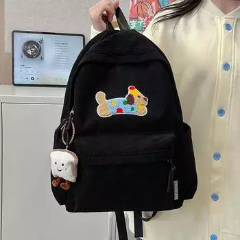 Женский вельветовый рюкзак, школьная сумка, рюкзак с вышивкой в виде собаки белый