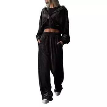 Женский велюровый спортивный костюм из 2 предметов: толстовки с капюшоном на молнии и широкие брюки L