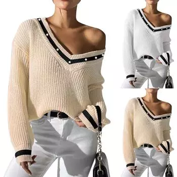 Женский верхний цветной тканый свитер с v-образным вырезом и длинными рукавами, рубашка из бисера с гвоздями L бежевый