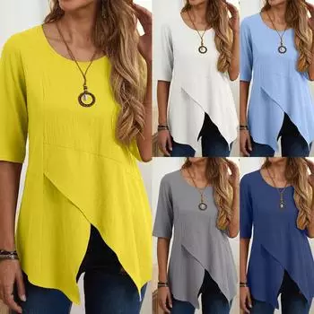 Женский верхний пуловер нестандартной формы с круглым вырезом, тонкая футболка из хлопка и льна со средними рукавами