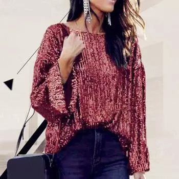 Женский верхний пуловер с блестками, женская весенняя блестящая блузка XL вино красного