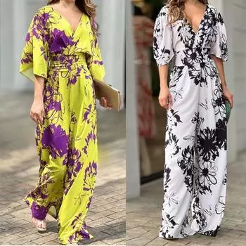 Женский весенне-летний комбинезон в новом стиле с элегантным принтом, свободный комбинезон с рукавами «летучая мышь» и высокой талией S жёлтый