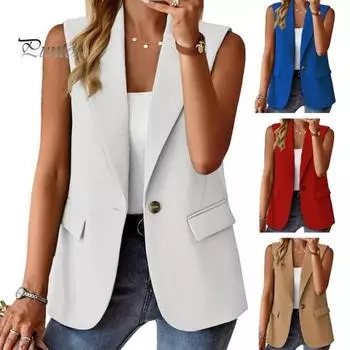 Женский весенне-летний костюм, жилет с лацканами, без рукавов, с карманами и клапанами, однотонный жилет с планкой на одной пуговице, пальто 3XL чёрный