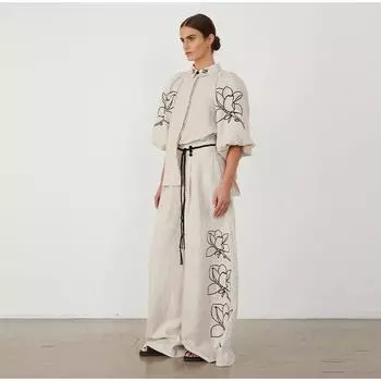Женский весенне-летний модный комплект из хлопковых и конопляных брюк с принтом, винтажная рубашка с откидными рукавами и откидным воротником, плиссированные широкие брюки, комплект L бежевый