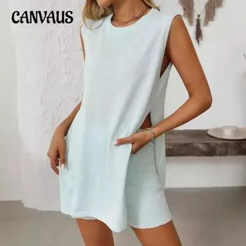 Женский весенне-летний модный повседневный трикотажный комплект из шорт без рукавов и брюк S мятный зеленый