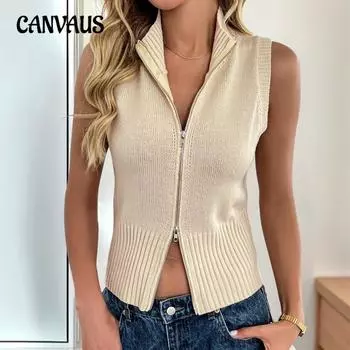 Женский весенне-летний новый жилет кардиган с застежкой-молнией и лацканами однотонный джемпер без рукавов S абрикосовый