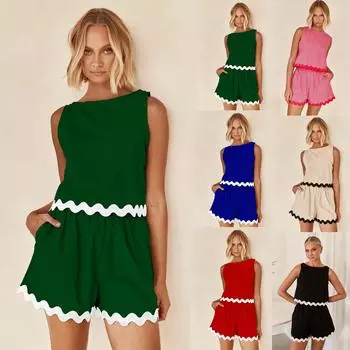 Женский весенне-летний однотонный топ без рукавов с круглым вырезом, повседневный комплект из двух предметов с широкими штанинами и шортами, размер S-XL L абрикосовый