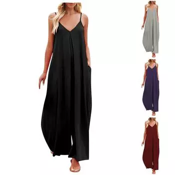 Женский весенне-летний повседневный однотонный повседневный комбинезон с v-образным вырезом S чёрный