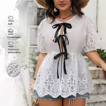 Женский весенне-летний повседневный однотонный топ с V-образным вырезом и открытой талией с короткими рукавами 1XL белый