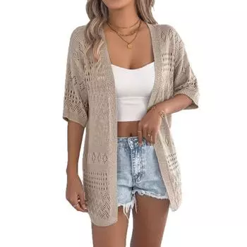 Женский весенне-летний повседневный однотонный трикотаж с вырезом и средним рукавом для праздников S хаки