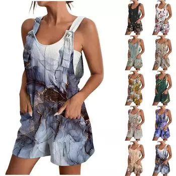 Женский весенне-летний принт, повседневный свободный комбинезон без рукавов с карманами и регулируемым ремнем XXL зелёный