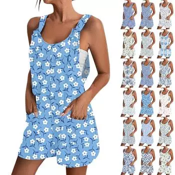 Женский весенне-летний принт, повседневный свободный комбинезон без рукавов с карманами и регулируемым ремнем M