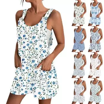 Женский весенне-летний принт, повседневный свободный комбинезон без рукавов с карманами и регулируемым ремнем L синий