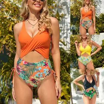 Женский весенне-летний сексуальный цельный купальник с рюшами на плечах и открытой спиной с принтом XL оранжевый