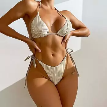 Женский весенне-летний сексуальный купальник бикини с разрезом и высокой талией (2 набора) L бежевый