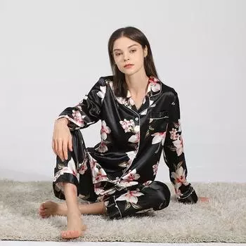 Женский весенне-летний шелковый пижамный костюм с длинными рукавами, брюками, карманами и завязками XXL чёрный