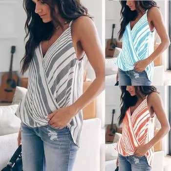 Женский весенне-летний свободный повседневный топ без рукавов в полоску с лямкой на шее L светло-синий