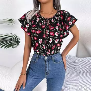 Женский весенне-летний свободный шифоновый топ с рюшами и шнуровкой для дам с круглым вырезом и летящими рукавами, блузки с цветочным принтом S чёрный