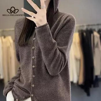 Женский весенне-летний свободный вязаный кардиган с v-образным вырезом из чистой шерсти, утягивающий темпераментный свитер, свитер в повседневном стиле S бежевый