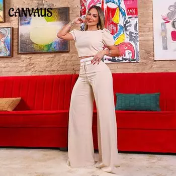 Женский весенне-летний топ с круглым вырезом и рукавами-пузырьками на шнуровке, повседневный костюм с широкими брюками S абрикосовый