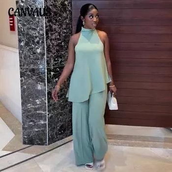 Женский весенне-летний жилет без бретелек без рукавов, широкие брюки, повседневный костюм, брючный костюм S циан