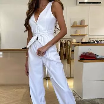 Женский весенне-летний жилет с глубоким v-образным вырезом, повседневный жилет без рукавов на шнуровке, облегающий однотонный праздничный жилет, уличная одежда L белый