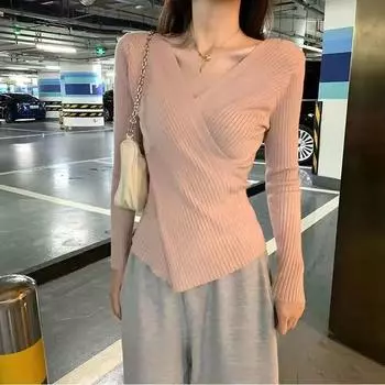 Женский весенне-осенний дизайн с V-образным вырезом, утягивающий трикотажный джемпер с длинными рукавами, верхняя одежда S жёлтый