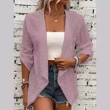 Женский весенне-осенний длинный рукав на пуговицах однотонный свободный ажурный дышащий кардиган пальто S темно-розовый