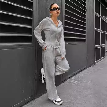 Женский весенне-осенний кардиган с капюшоном, тонкий повседневный костюм из двух частей S светло-серый