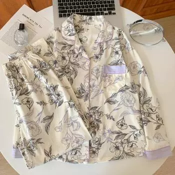 Женский весенне-осенний комплект домашней одежды с отворотами, кардиган для девочек, длинные брюки с рисунком, комплект домашней одежды с мультяшным принтом M