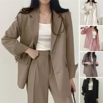Женский весенне-осенний костюм, пальто с лацканами, длинными рукавами и карманами с клапанами, однотонный свободный крой, повседневный блейзер, рабочая одежда M розовый