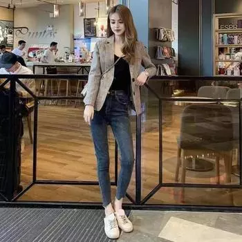 Женский весенне-осенний костюм, пальто с лацканами, однобортный пиджак с длинными рукавами и клетчатым принтом, деловая верхняя одежда с карманами и клапанами M хаки